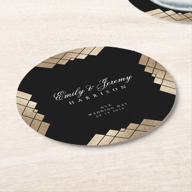 Geometric Black Guld Gatsby Bröllop Bord Underlägg (Vinklad)