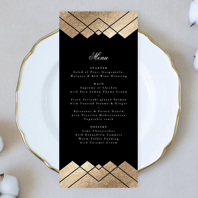 Geometric Black Guld Gatsby Bröllop Menu Meny (Skapare uppladdad)