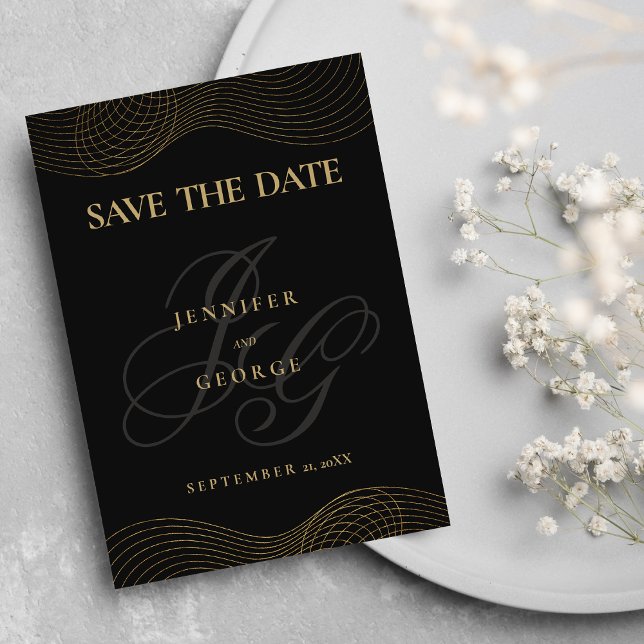 Geometric black guld monogram Save Date Spara Datumet (Geometric black gold monogram Save The Date)