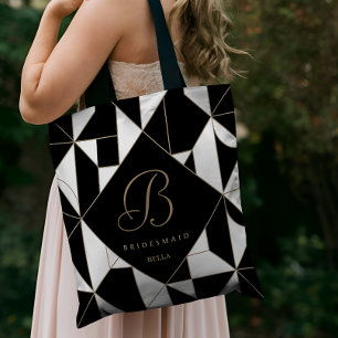 Geometric Black, White & Guld Monogram Bridesmaid Tygkasse
