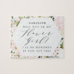 Geometric  Blommigt Flowers Girl Frieri Pussel<br><div class="desc">Ett sött sätt att be en tjej att vara din blomma tjej. Utformningen har ett geometriskt ram med  blommor tillsammans med en mängd grönt. En vacker kalligrafi-typografi får Flower Girl att stå ut. Anpassa med din information med hjälp av den mall som fälten tillhandahåller.</div>