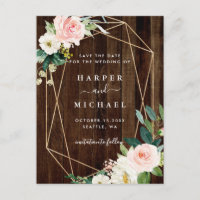 Geometric Blommigt Rustic Wood Photo Save Date