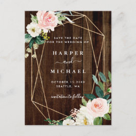 Geometric Blommigt Rustic Wood Photo Save Date Vykort