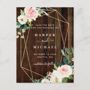 Geometric Blommigt Rustic Wood Photo Save Date Vykort