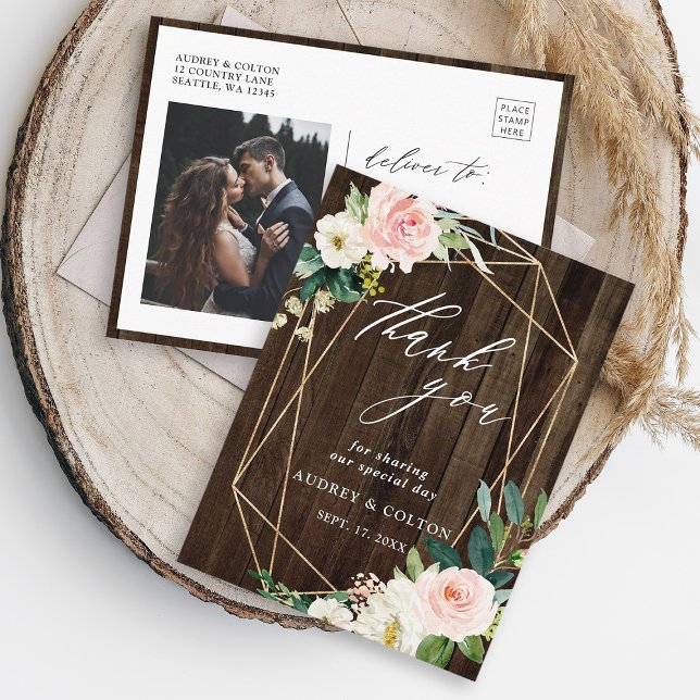 Geometric Blommigt Rustic Wood Tack Photo Vykort (Front & Back)