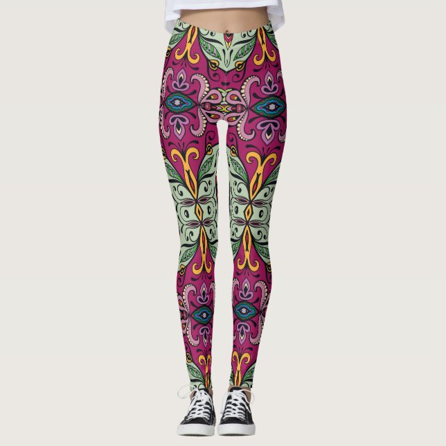 Geometric Blommigt Tribal Ethnic Doodle Leggings (Framsida)