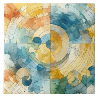 Geometric Blue and Gult Watercolor Abstrakt Kakelplatta