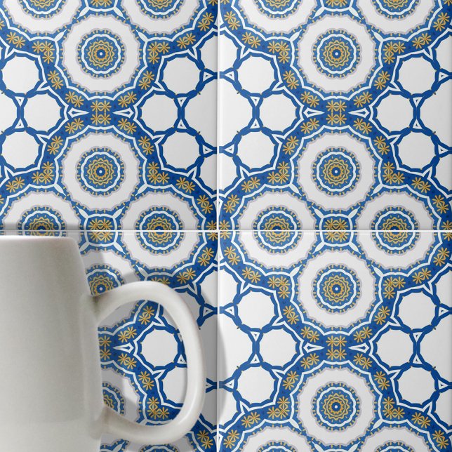 Geometric Blue and White Moroccan Azulejos Kakelplatta (Skapare uppladdad)