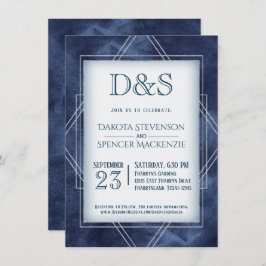 Geometric Blue Art Deco | Modern Monogram Bröllop Inbjudningar