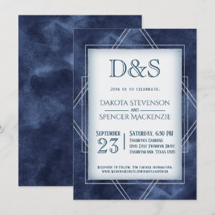 Geometric Blue Art Deco Modern Monogram Bröllop Inbjudningar