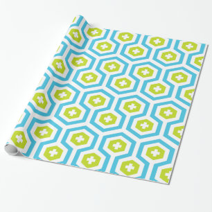 Geometric Blue Grönt Hexagon & Kor Mönster Presentpapper