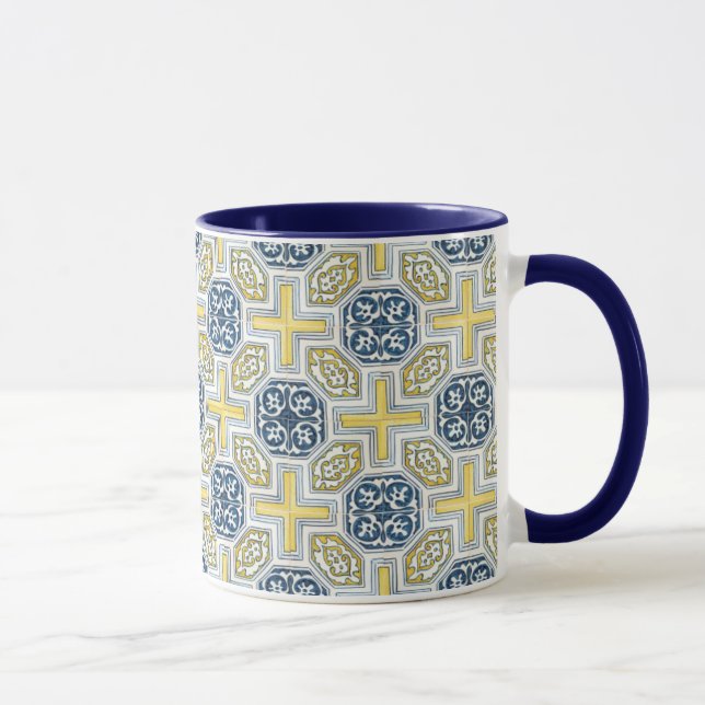 Geometric Blue Gult Faux Tile Coffee Mugg (Höger)