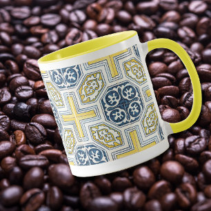Geometric Blue Gult Tile Mönster Coffee Mugg