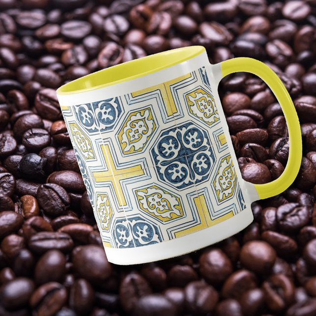 Geometric Blue Gult Tile Mönster Coffee Mugg (Skapare uppladdad)