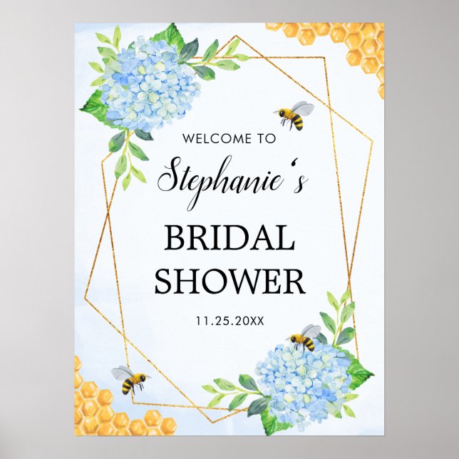 Geometric Blue Hydrangea honey Bee Möhippa Poster (Framsidan)