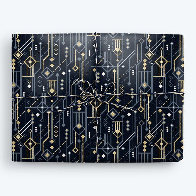 Geometric Blue och Guld Art Deco Presentpapper (Skapare uppladdad)