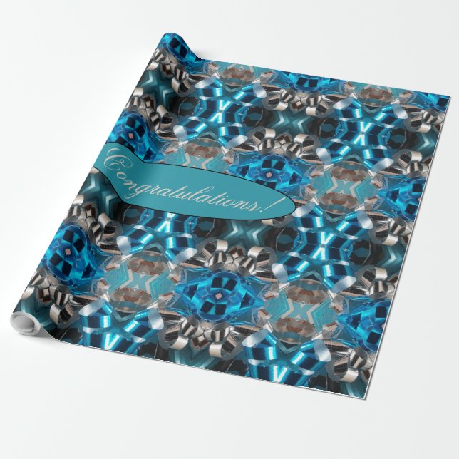 Geometric Blue Silver Grått Ribbon Mönster Add Tex Presentpapper (Utrullad)