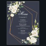 Geometric Blue White Blommigt Bröllop Meny<br><div class="desc">Den här bröllop-menyn har,  modern och trendig,  en ytlig geometrisk kopparmodell som är förskönad med vattenfärgsvit blommigt och en eukalyptus grön blommigt,  över ett modernt marinblått struktur. Copyright Elegant Inbjudan. Alla höger reserverade.</div>