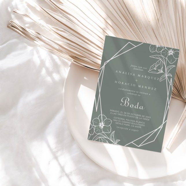 Geometric Boho Grönt Blommigt Boda Bröllop Inbjudningar (Skapare uppladdad)