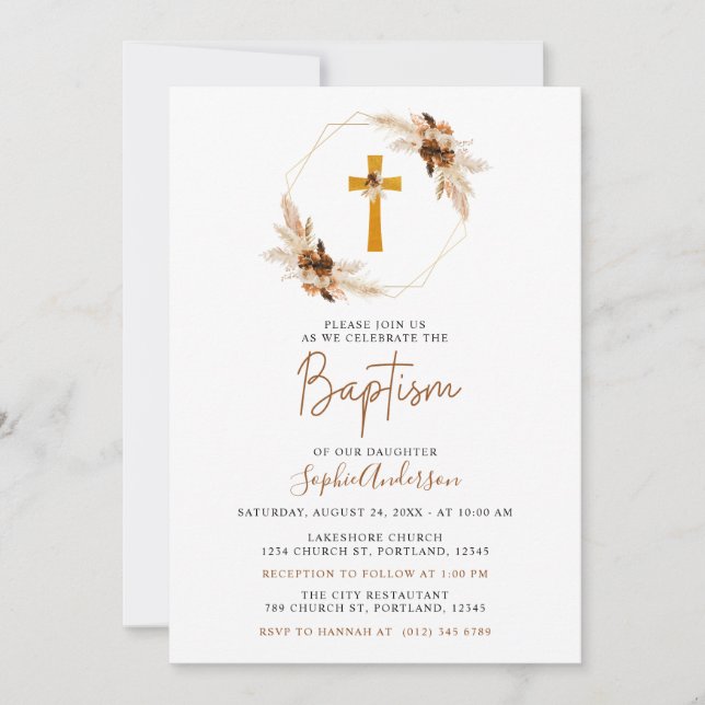 Geometric Boho Pampas Grass Girl Baptism Inbjudningar (Framsida)