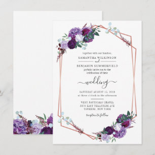 Geometric Botanical Blommigt Lila Greenery Bröllop Inbjudningar