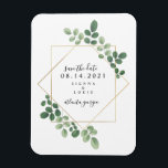 Geometric Botanical Bröllop spara datum Magnet<br><div class="desc">En bröllop spara datum-magnet i elegant med vattenfärg inspirerade botaniskt grönt mönster runt ett geometriskt ram med svart text. Leta efter matchande bröllopsinbjudningar och andra samordnande saker på Jill's Paperie.</div>