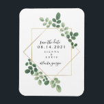 Geometric Botanical Bröllop spara datum Magnet<br><div class="desc">En bröllop spara datum-magnet i elegant med vattenfärg inspirerade botaniskt grönt mönster runt ett geometriskt ram med svart text. Leta efter matchande bröllopsinbjudningar och andra samordnande saker på Jill's Paperie.</div>