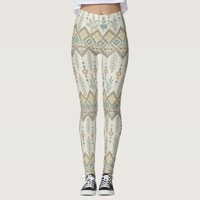 Geometric Botanical Folk Art Seamless Mönster Leggings (Framsida)