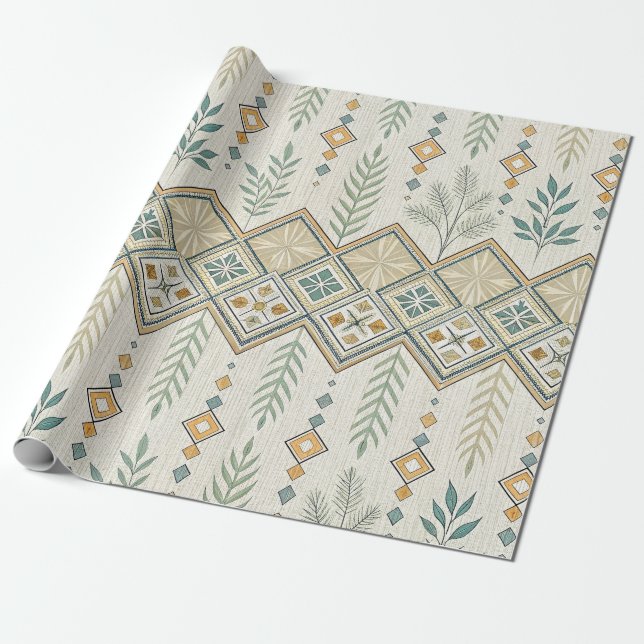 Geometric Botanical Folk Art Seamless Mönster Presentpapper (Utrullad)