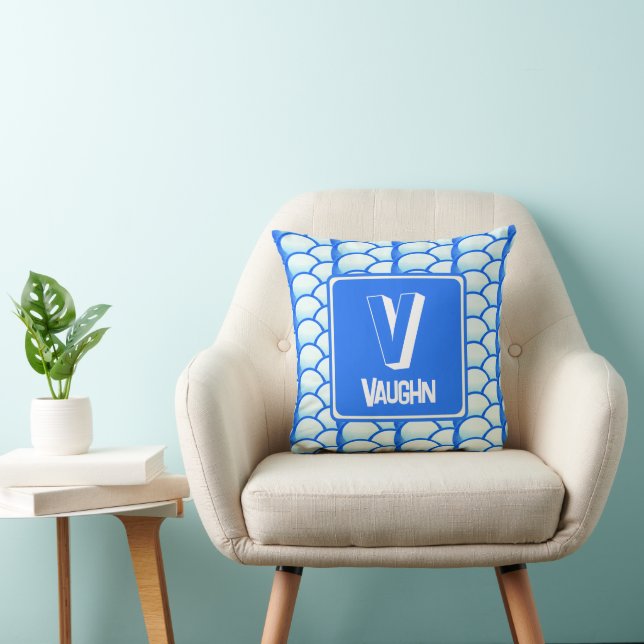 Geometric Bright Blue Monogram Namn Initial Kudde (Stol)
