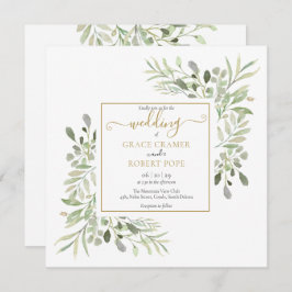 Geometric Bröllop i Guld i Watercolor Greenery Inbjudningar