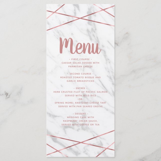 Geometric Bröllop Menu, vit marble Ro Guld Meny (Framsida)