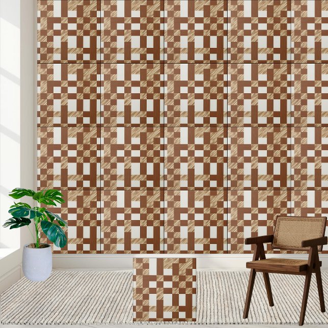 Geometric Brown and White Checkated Tile Mönster Kakelplatta (Geometric Brown and White Checkered Tile Pattern)