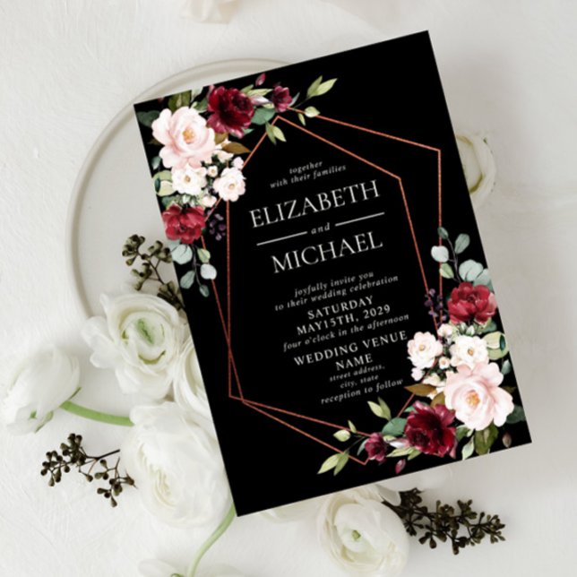 Geometric Burgundy Black Blommigt Bröllop Inbjudningar (Skapare uppladdad)