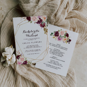 Geometric Burgundy Blommigt Bachelorette Helg Inbjudningar
