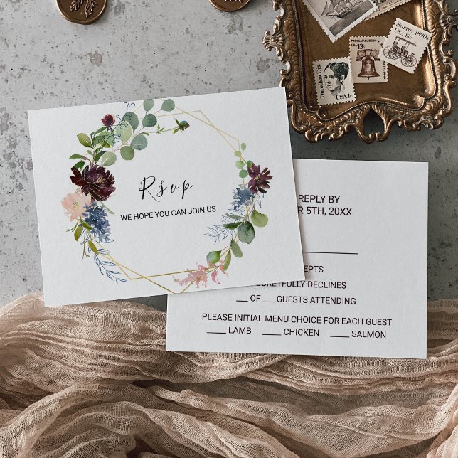 Geometric Burgundy Blommigt Greenery Menu Choice OSA Kort (Skapare uppladdad)