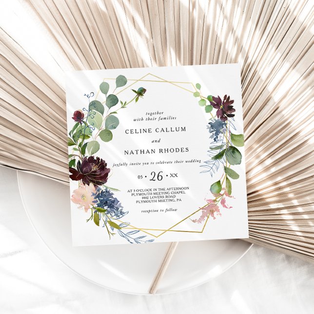 Geometric Burgundy Blommigt och Greenery Bröllop Inbjudningar (Skapare uppladdad)