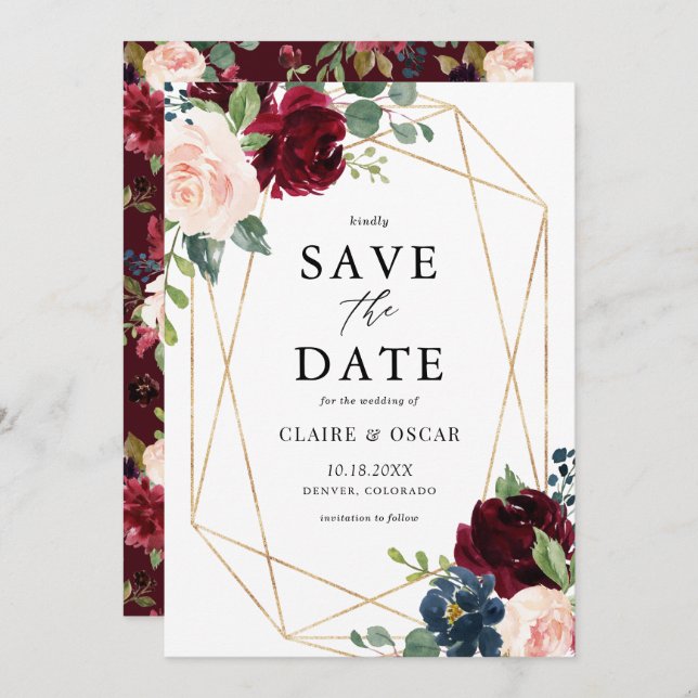 Geometric Burgundy Blommigt Ram Fall Spara Datumet (Fram/baksida)