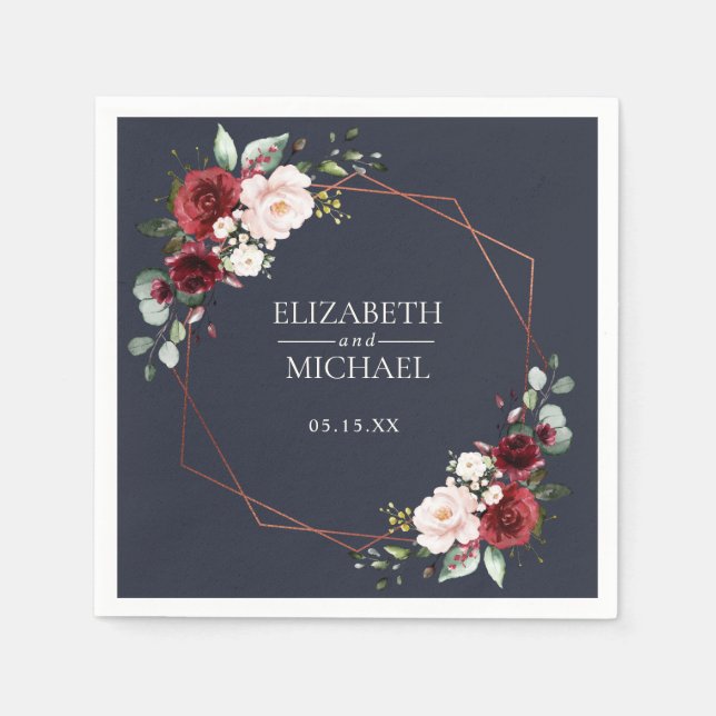 Geometric Burgundy Blue Bröllop Napkin Pappersservett (Framsidan)