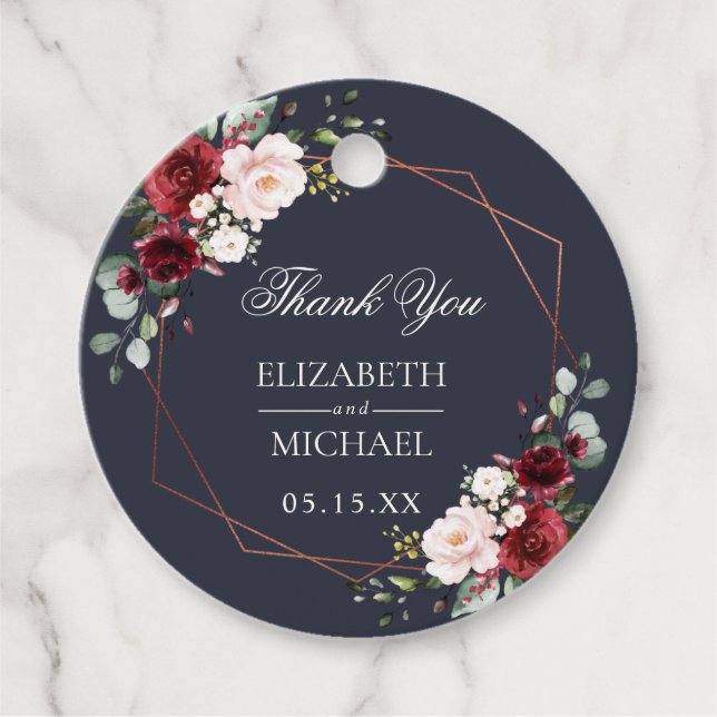 Geometric Burgundy Blue Elegant bröllop Gåvor Etiketter (Framsida)