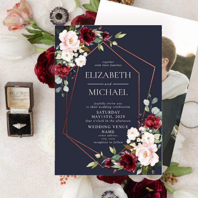 Geometric Burgundy Blue Photo Bröllop Inbjudningar (Skapare uppladdad)