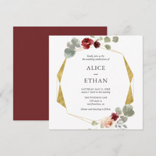 Geometric Burgundy Flower och Greenery Bröllop Inbjudningar
