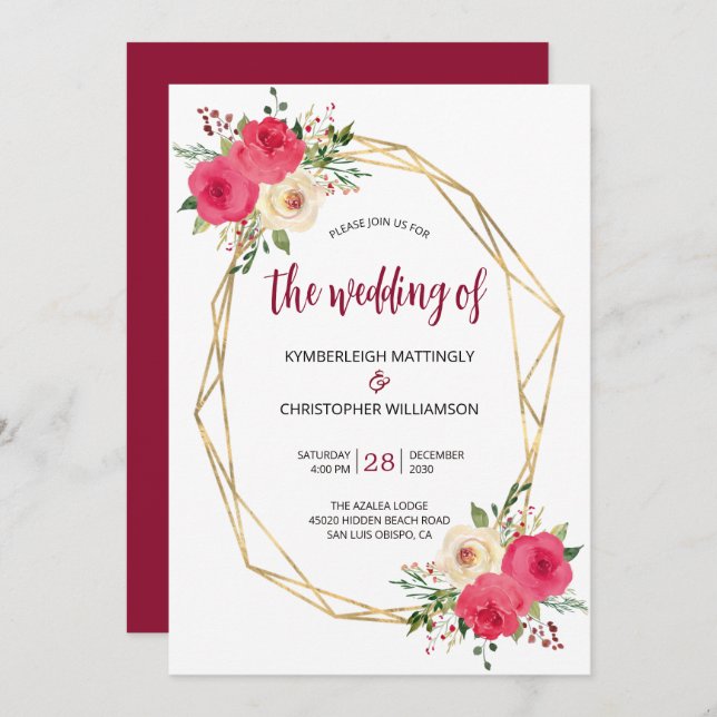 Geometric Burgundy Guld Watercolor Blommigt Bröllo Inbjudningar (Fram/baksida)