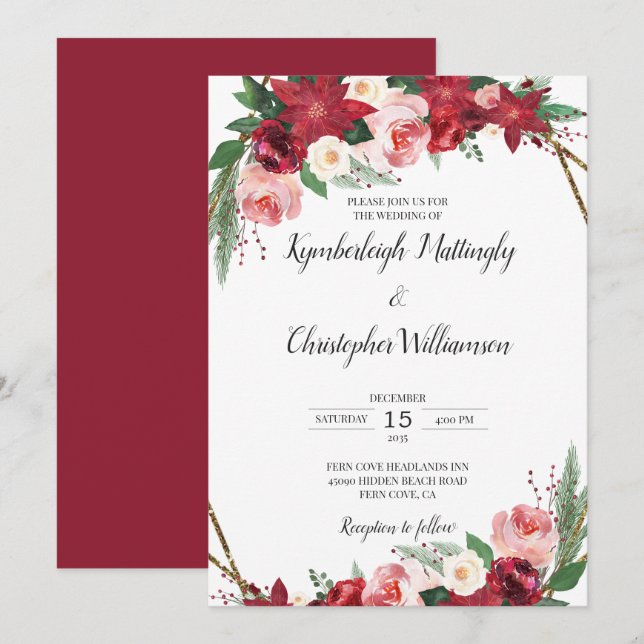 Geometric Burgundy Guld Watercolor Blommigt Bröllo Inbjudningar (Fram/baksida)
