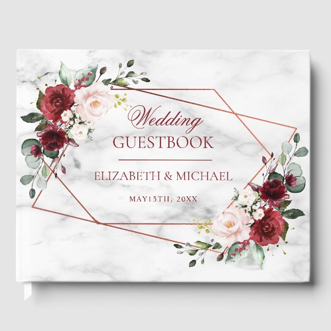 Geometric Burgundy Marble Elegant bröllop Gästböcker (Framsida)