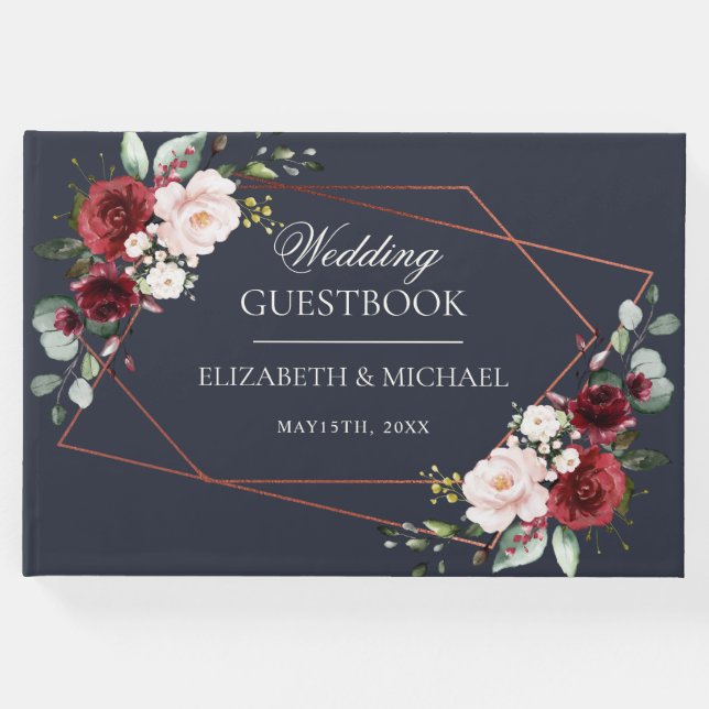 Geometric Burgundy Navy Elegant bröllop Gästböcker (Framsida)
