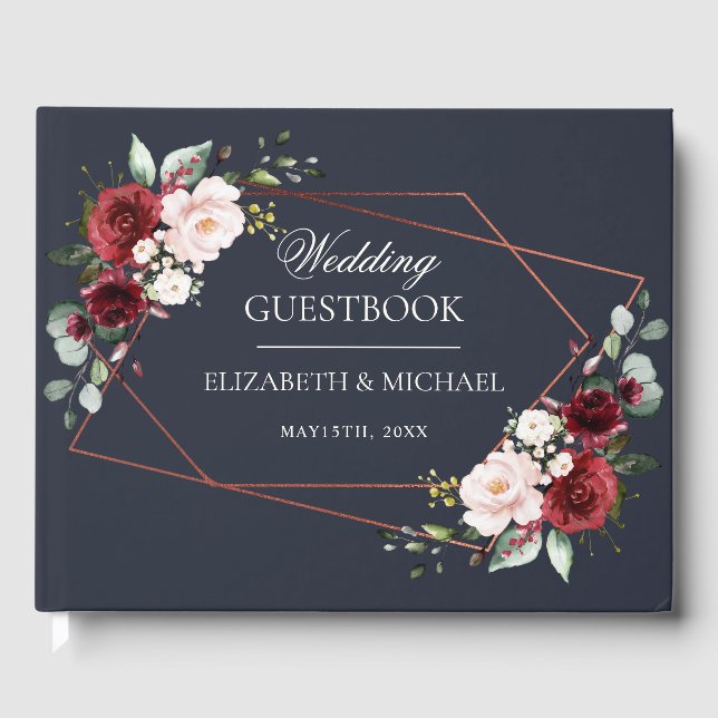 Geometric Burgundy Navy Elegant bröllop Gästböcker (Framsida)