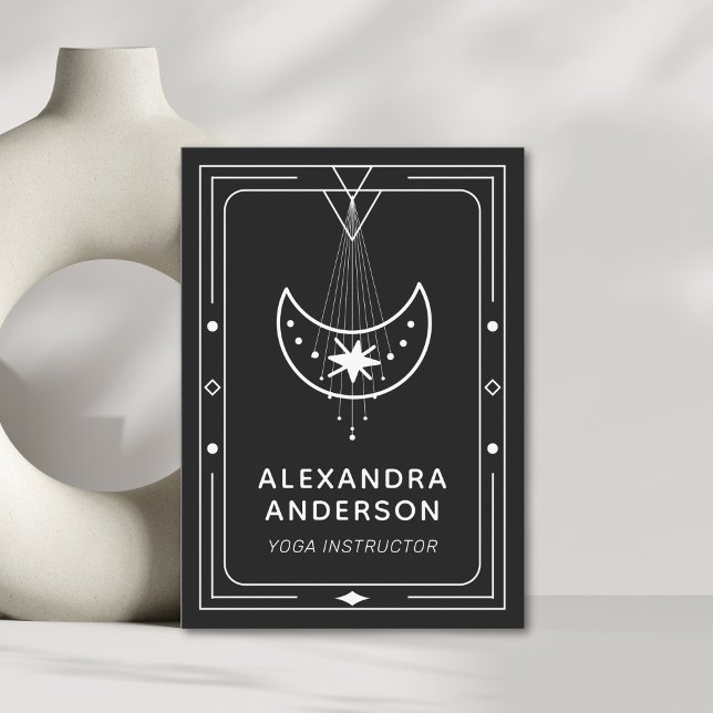 Geometric Celestial Crescent Måne Yoga Instructor Visitkort (Framed Celestial Starry Crescent Moon Business Card)