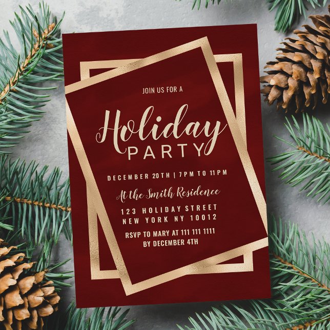 Geometric Chic Guld Burgundy Red Julfest Inbjudan Vykort (Geometric Chic Gold Burgundy Red Holiday Party )