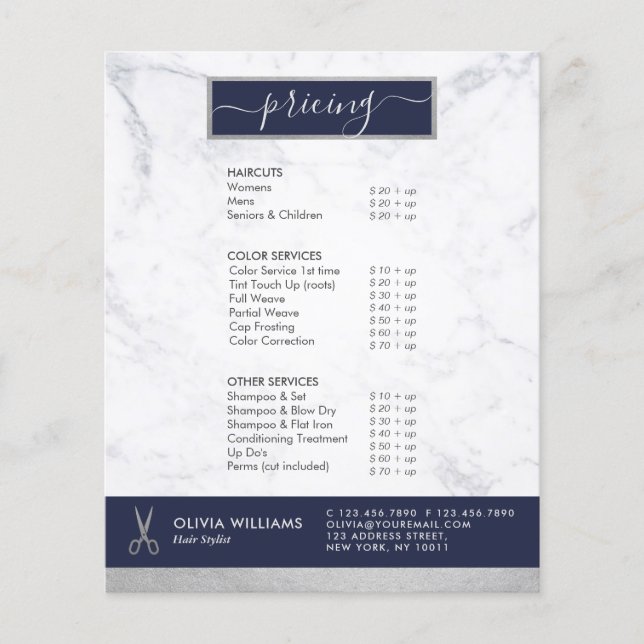 Geometric Chic Silver Sissors Marble Hair Stylist Flygblad (Framsidan)